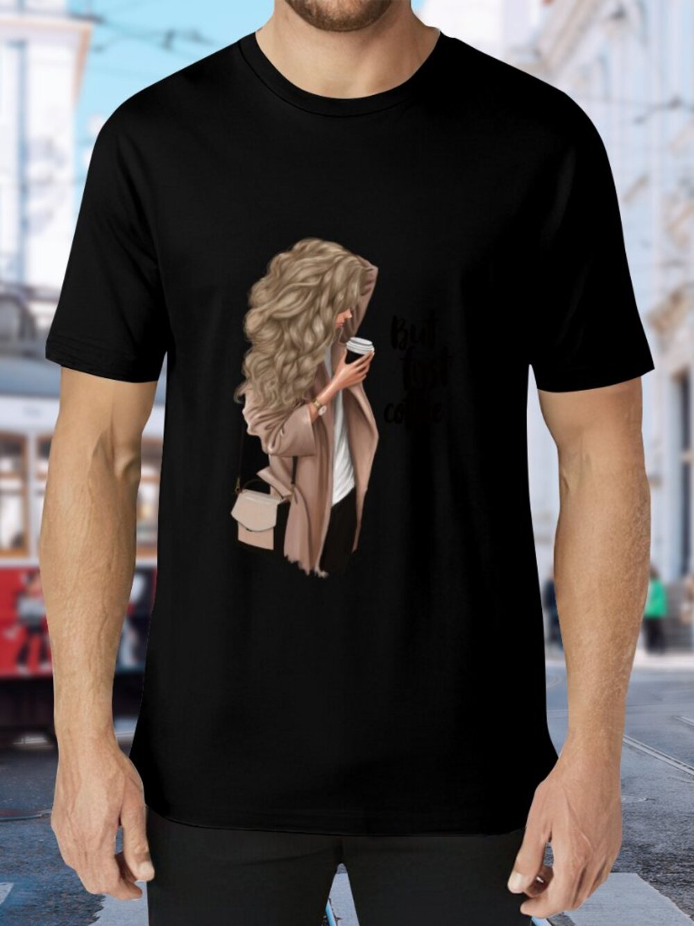 Black Graphic Short Sleeve Tee with Beige Coffee Girl Print